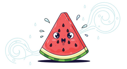 Happy cartoon watermelon slice with seeds and green rind, surrounded by refreshing water droplets and decorative blue swirls on a white background.