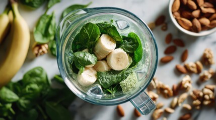Healthy green smoothie preparation with fresh ingredients on a kitchen counter
