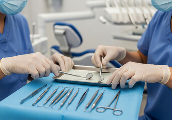 Dental professionals preparing sterile instruments for a procedure in a clinic.