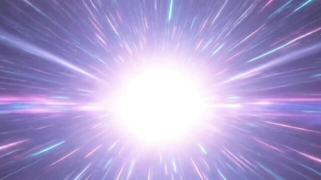 A luminous digital tunnel with streaking blue and pink light trails converging towards a bright white core creating an effect of rapid virtual travel through a dark void