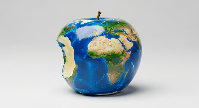 Global health policy concept apple painted as earth bitten to reveal core representing environmental impact and nutrition choices inspiring concern and hope for sustainable future
