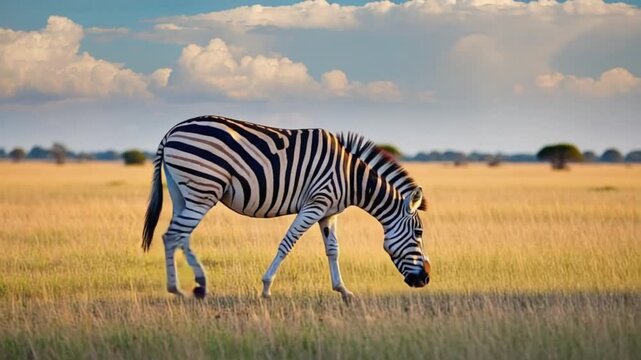 A zebra grazing in a golden field under a cloudy sky in its natural african habitat setting scene zebra video