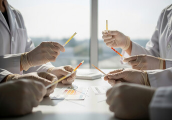 Team of scientists in white coats and gloves analyzing test results in a modern laboratory.