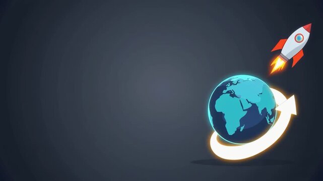 A rocket ship blasts off into space beside a glowing blue globe with a white arrow on a dark background with a cinematic feel and adventurous mood. - Powered by Adobe