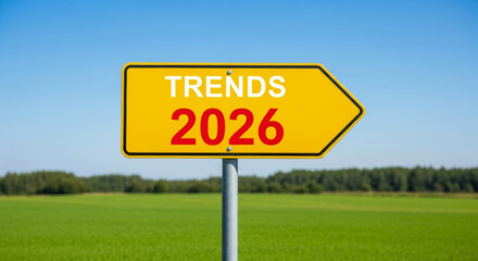 Trends 2026 business year end christmas new year signpost on rural road pointing forward with green field and blue sky