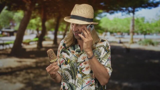 Man in straw hat and floral shirt holds popsicle in hand and talks on phone in forest; gentle relaxation.