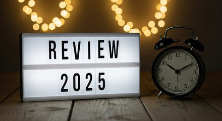 Q4 business year end review 2025 2026 new year reflection and planning for q4 business year end review 2026 and 2025 with clock and lightbox creating hopeful mood