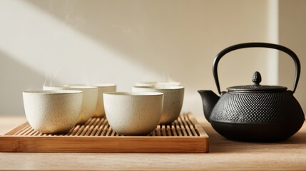 Warm tea ceremony with steaming cups and a classic black teapot on wooden tray