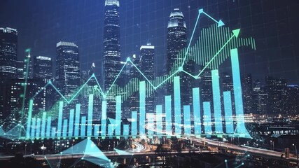 Digital stock market graph with city skyline in the background showing financial growth and data analysis - Powered by Adobe