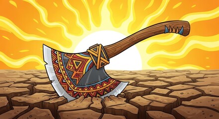 Axe planted in cracked earth symbolizing desolation and struggle in arid climate amid sunshine