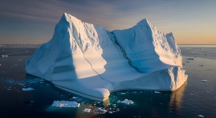A large iceberg floating in the ocean with a clear sky and calm waters during sunset or sunrise, showcasing natural polar landscape beauty