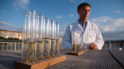Scientist conducts outdoor research with test tubes filled with yellow liquid under a blue sky