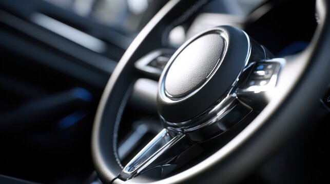 Exploring the elegance of a modern car steering wheel emblem with sleek design and focused clarity