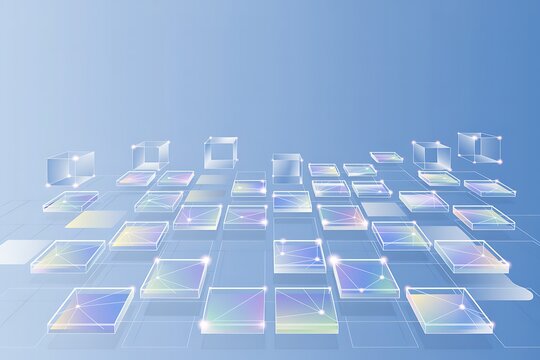Abstract digital network of glowing translucent cubes and squares on a blue grid technology data