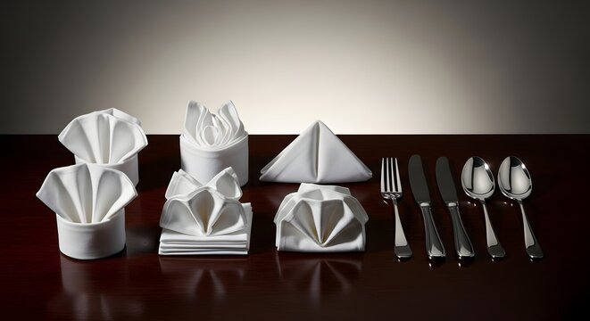 Elegant table setting with neatly folded white napkins, polished cutlery, and shiny silverware arranged on a dark wooden surface for a formal dining experience