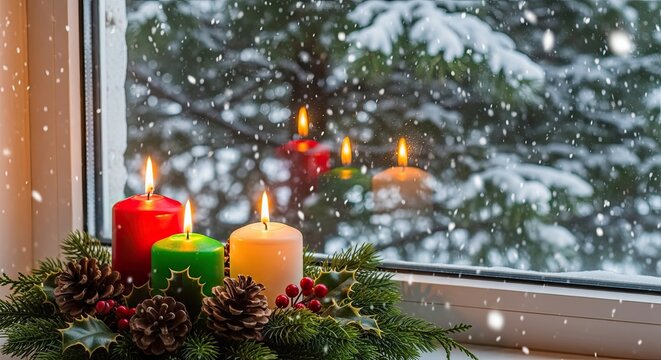 Christmas Advent candles glowing by snowy window festive decorations