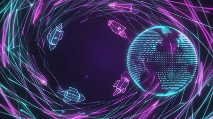 Neon-lit digital illustration of a globe surrounded by glowing lines and satellites in a dark space with purple and blue hues. - Powered by Adobe