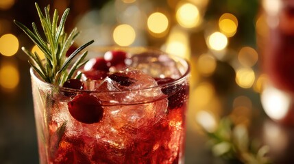 Refreshing cocktail with ice, cranberries, and herbs, perfect for holiday celebrations