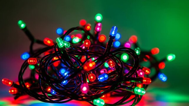 A tangled mess of colorful led christmas lights, close up
