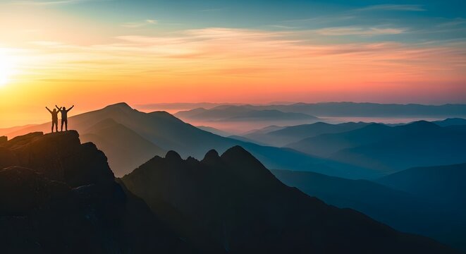 Silhouettes of hikers celebrating on a mountain peak at sunrise with stunning scenic views - Powered by Adobe