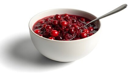 A white ceramic bowl of fresh cranberry sauce with a spoon, isolated on a white background with a soft shadow.