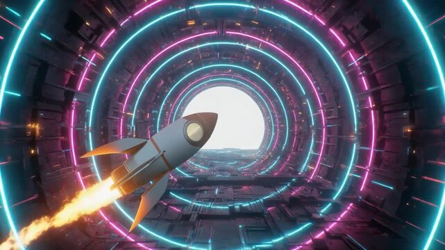 A silver rocket ship blasts off through a vibrant, neon-lit tunnel with concentric circles of pink and blue lights, emitting a bright orange flame.