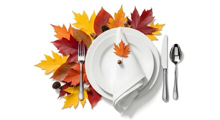 Thanksgiving table setting with colorful autumn leaves and white plates.