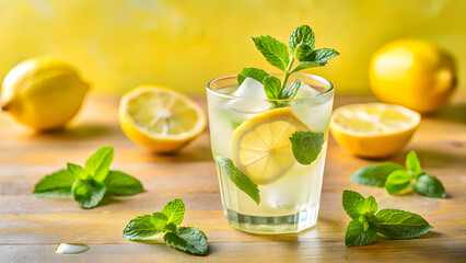 Fototapeta premium Bright Lemonade with Mint and Ice Surrounded by Lemons and Mint beverage citrus