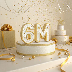 Celebratory 6M milestone golden decoration with gift box and cake achievement celebration concept