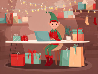 Cute Christmas elf working on laptop at desk surrounded by colorful presents and festive decor