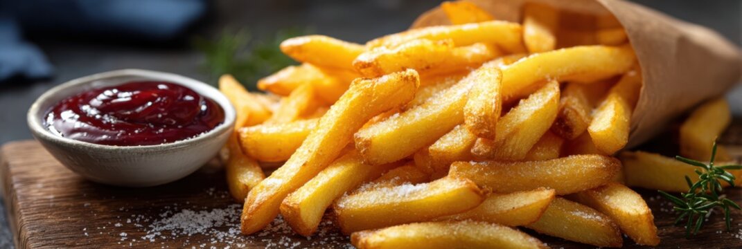 Crispy French Fries in a Paper Cone with Ketchup and Salt on a Wooden Board chips fast food