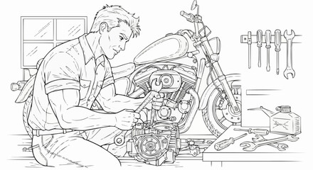 Man working on motorcycle engine in a garage.