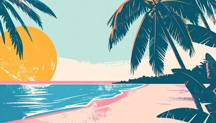 Stylized tropical beach illustration showcasing a vibrant sunset over the ocean with swaying palm trees