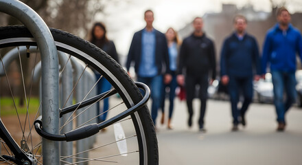 Bicycle Wheel Locked to Rack with Blurry Urban Pedestrians Passing By