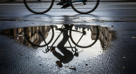 Bicycle Reflection in Puddle on Wet Asphalt