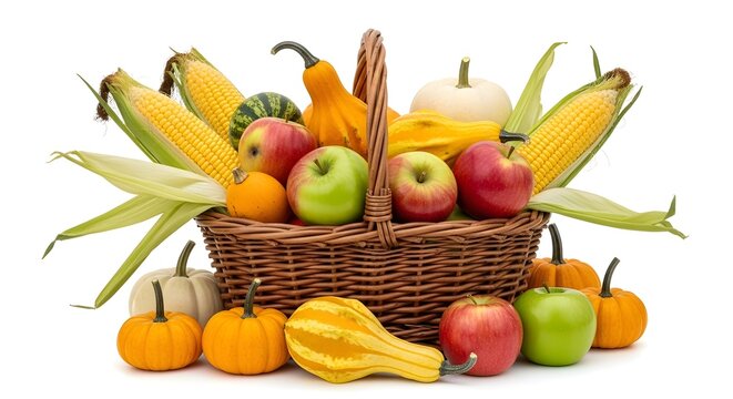A wicker basket overflowing with a colorful autumn harvest of corn, apples, and various gourds and pumpkins, set against a white background.