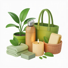 Sustainability products still life with towel, plant, candle, bottle and shopping bag