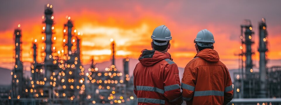 Workers in Safety Gear Observing Dramatic Sunset Over Industrial Plant with Lights