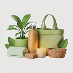 Wellness still life featuring plant, water bottle, towel, candle, and basket render