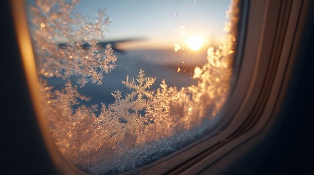 Glowing frost crystals on an airplane window at sunrise create a serene winter atmosphere