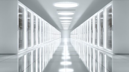 Modern minimalist data center showcasing pristine rows of glowing servers in a sleek environment