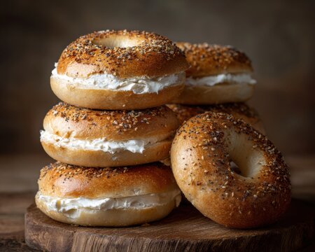 Stack of cream cheese bagels with sesame and poppy seeds on a wooden board food breakfast