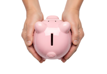 Hand holding piggy bank isolated on transparent background top view