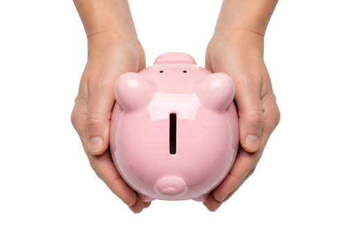 Hand holding piggy bank isolated on transparent background top view - Powered by Adobe