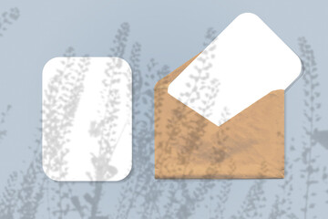 The shadow of wildflowers falls on an envelope with two sheets of textured white paper on a blue background. Mockup horizontal orientation.