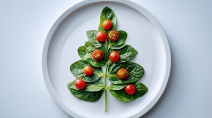 Creative food arrangement resembling a Christmas tree made with spinach and cherry tomatoes