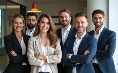 Diverse business team stands together in modern office. Professionals look directly at camera. Positive and confident expressions. Formal attire. Teamwork and collaboration. Modern business setting.
