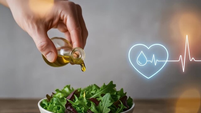 Olive oil pour over salad greens and lettuce arugula dressing drizzle promoting heart health longevity with pulse line and drop icon