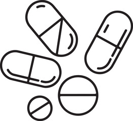 Simple outline drawing of various pharmaceutical pills and capsules