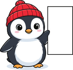 Cartoon penguin with red hat, smiling animal character, blank sign illustration, winter theme, vector mascot, isolated white background, cute design